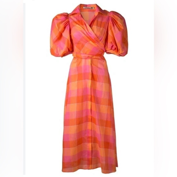Silvia Tcherassi Perth Puff Sleeve GINGHAM A-LINE MIDI DRESS ORANGE CHECK sz Med - Picture 6 of 8